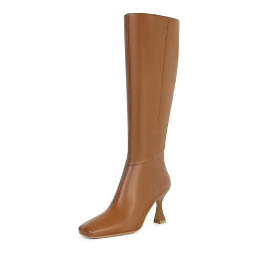 Image of Dsevht Black Leather Knee High Boots for Women Stiletto Kitten Heeled Sexy Boots Square Toe and Side Zipper Design Fashion Dress Boots