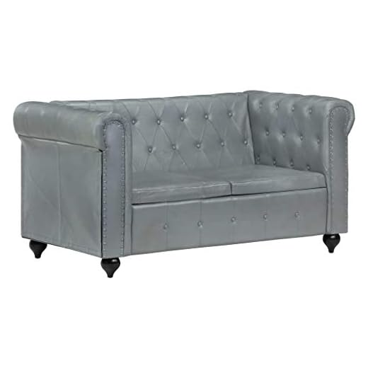 Festnight Chesterfield soffa 2-sits soffa liten soffa lädersoffa vintage stoppad soffa set soffset för små sovrum gästrum kontor, grå äkta läder