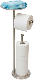 Freestanding Toilet Paper Holder with Shelf, Toilet Paper Stand with Storage for Holding Extra 4 Toilet Paper Rolls (Brushed Nickel)