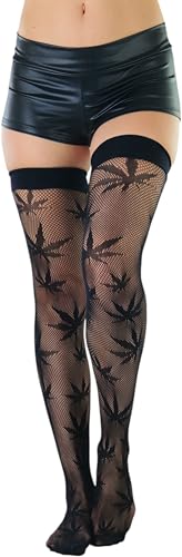 Image of ToBeInStyle Women's Thigh High Stockings Bodystocking Tights Medicinal Cannabis Marijuana Weed Leaf Print Festival Hosiery