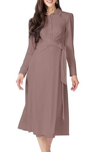 Image of KOH KOH Womens Long Sleeve Flowy Wrap Collar Fall Modest Office Midi Dress