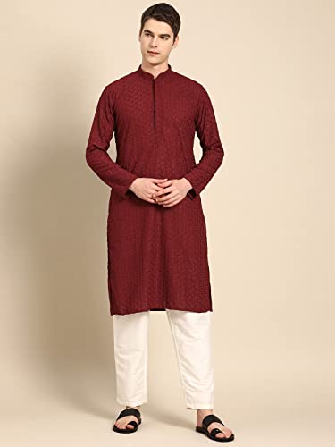 Image of Rajubhai Hargovindas Men Pure Cotton Chikankari Embroidered Straight Kurta