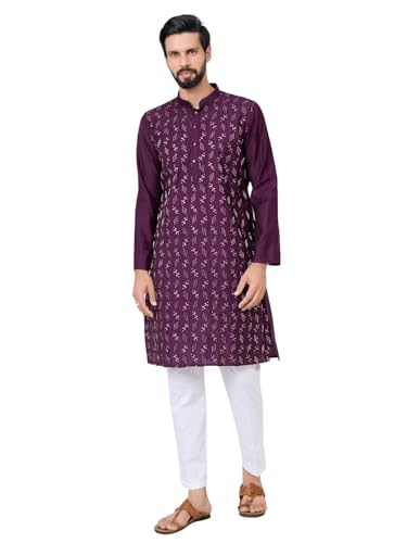 Image of See Designs Men's Full Sleeve Mandarin Collar Ethnic Motifs Embroidered Sequinned Mandarin Collar Straight Long Kurta with Pyjama - Festive Collection