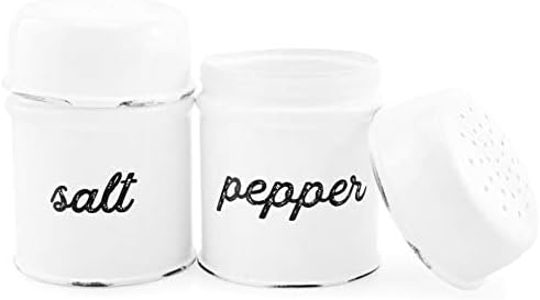 AuldHome Salt and Pepper Shaker Set (White); Rustic Enamelware Retro Vintage Style Shaker Set