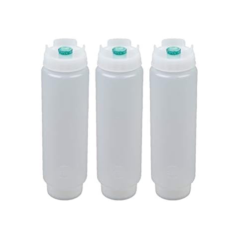 FIFO Squeeze Bottle Refillable 16 oz | Green Tip Small Valve Dispenser for Thin Condiments, Sauces, Batter and Dressing | Self Sealing No Drip No Hassle | (3 Pack) Cover