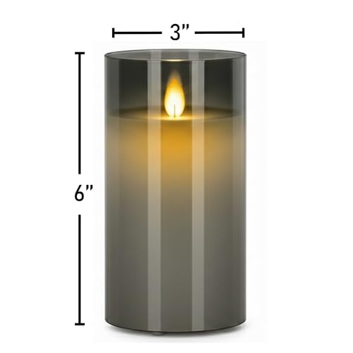 Image of LTETTES Real Wax LED Glass Pillar Flameless Rechargeable Candles | Grey Glass | USB Type-C Wireless Charging Cable | Remote Control Included | Home Decor & Gifting | Set of 1 (7.5 x 15.8 cm)