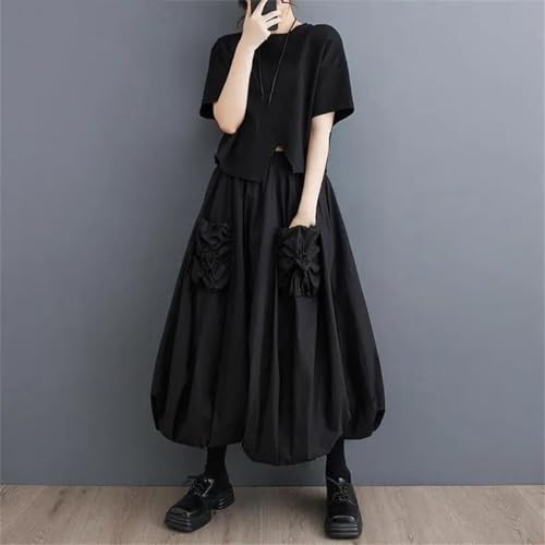 Women's Vintage Midi Skirt Solid Patchwork Pockets Asymmetric High-Waisted A-Line Long Skirts2