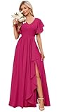 Bolodoo V Neck Fuchsia Bridesmaid Dresses Long for Women Side Slit Evening Gown Short Sleeve Formal Dress Size 12