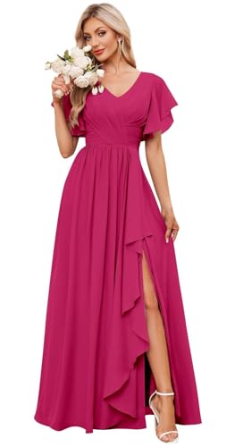 Bolodoo V Neck Fuchsia Bridesmaid Dresses Long for Women Side Slit Evening Gown Short Sleeve Formal Dress Size 12