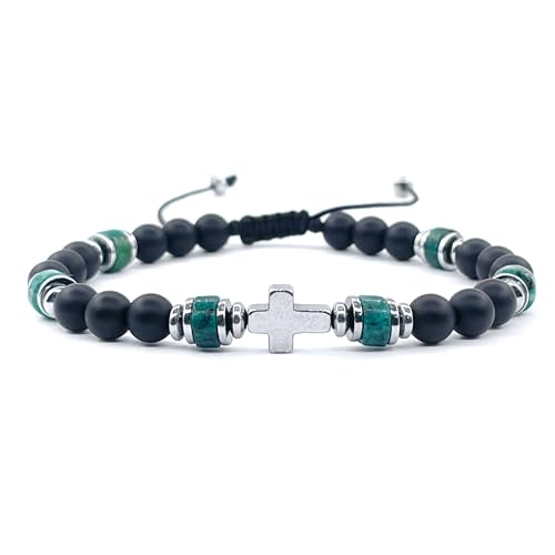 Handcrafted Hematite Cross Bracelet with Onyx and African Turquoise Stones - Unique Men's Jewelry with Meticulous Detailing (African Turquoise)