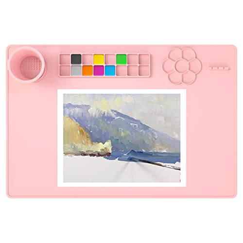 QANIUOS Bastelmatte Silikon 60x40 cm, Extra Große Bastelunterlage für Kinder, 2 mm Dick & Rutschfest, Malunterlage mit Faltbarem Becher für Basteln und Knetunterlage, Rosa