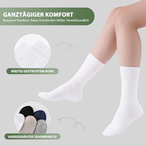 Niorasen Bambus Diabetikersocken, 6 Paar Diabetiker Socken ohne Gummibund & ohne Naht, Bambussocken Gesundheitssocken mit Komfortbund für Herren & Damen, Weiß 39-42 3