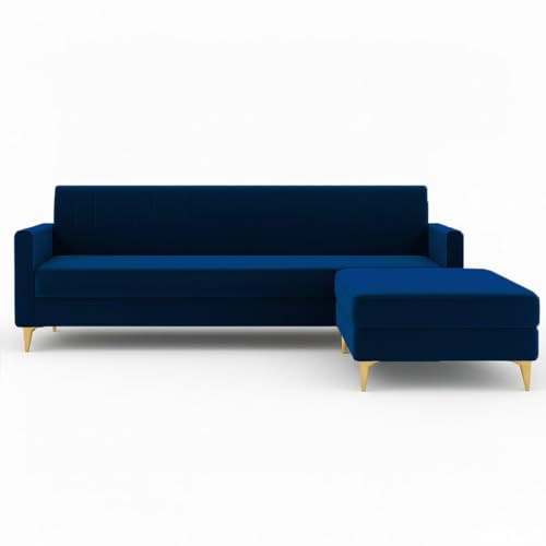 Image of SOCOZI Morello 4 Seater L Shape Sofa Set with Movable Ottoman | Flexible Left or Right Layout | Soft Velvet Suede Fabric | Modern Design | Plush Comfort Cushions for Living Room (Dark Blue)