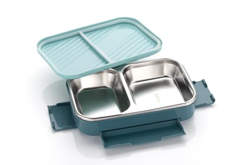 Image of Insulated Stainless Steel Lunch Box with Textured Lid | 3 Compartments | 525ml | BPA Free | Leakproof | Microwave Safe Without Lid | Bento Tiffin Box for Office School Travel (Light Teal, 2)