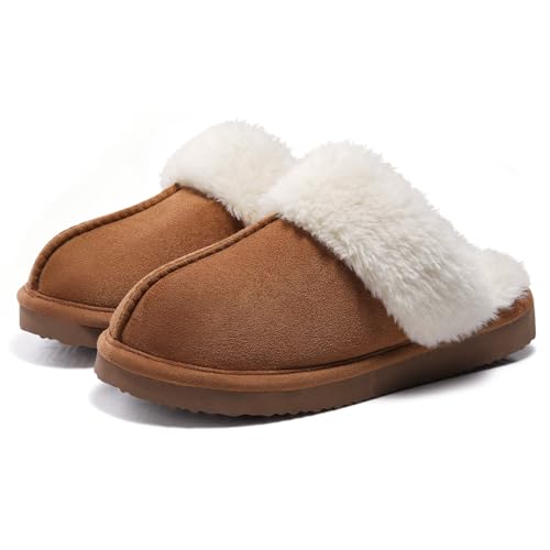 Beslip Womens Fuzzy Memory Foam Slippers Fluffy Ladies Winter House Shoes Indoor and Outdoor Chestnut 5-5.5