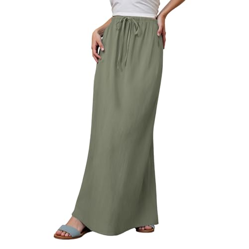Faldas maxi de lino para mujer, faldas largas y fluidas largas con cordón en la cintura con cordón en la cintura. Faldas largas y fluidas para musulmanes, Verde militar., S