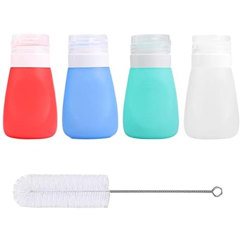 Timiuu Squeeze Salad Dressing Bottles with Cleaning Brush | Portable Sauce Bottles Condiment Bottles | Dressing to Go for Lunch | 2 OZ, Set of 4 | Food-grade Silicone, BPA Free Cover
