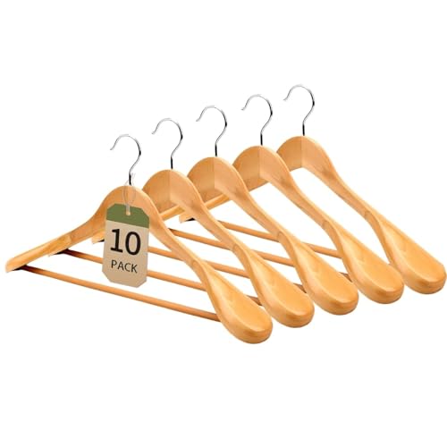 10 Pack Wooden Suit Hangers, Extra-Wide Natural Wood Coat Hangers with Non Slip Pant Bar, Clothes Hangers for Shirts Jackets Dress Pant (10, Natural - Suit Hangers)