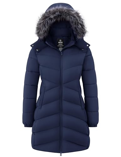 wantdo Women's Long Puffer Jacket Lightweight Puffer Coat (Navy, Large)