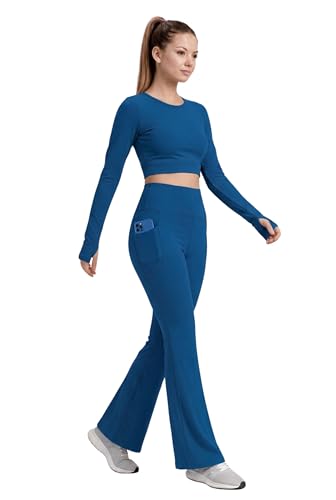 Image of PINAAK FASHION Women's Yoga Co-Ord Set | Full Sleeve Crop Top & Flared High Waist Yoga Pants with Pocket | Thumb Hole Sleeves | Bell Bottom Gym Wear Activewear Tracksuit for Workout, Running & Lounge