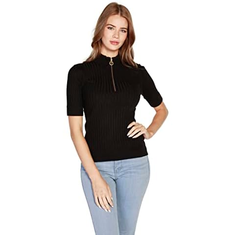 Womens Lightweight Knit Short Sleeve Quarter Zip Mock Neck Ladies Sweater Black/Gold Cover