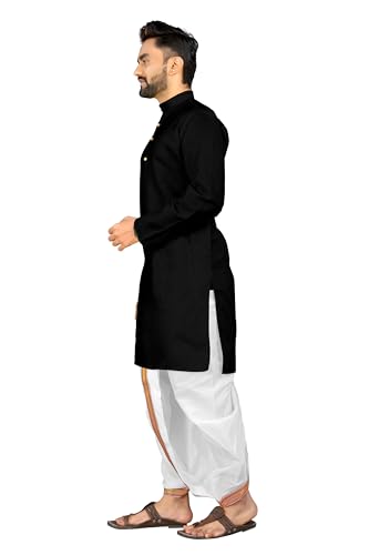 Image of UNIQUE MOMENTS Men's Cotton Dhoti Kurta Set with Full Sleeves Solid Pattern Modern Style and Mandarin Collar Neck | Perfect for Puja & Celebrations