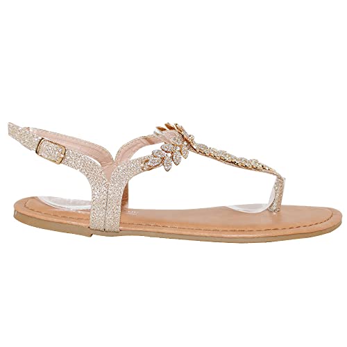 Trendsup Collection Womens T-Strap Buckle Flats Sandals (9, Champagne Glitter) #TOP2