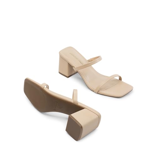 DREAM PAIRS Sandal Heels for Women Low Square Open Toe Block Chunky Heels Slip On Slides Mules for Party Homecoming Daily,Size 9.5,Nude,DWUMSS2516