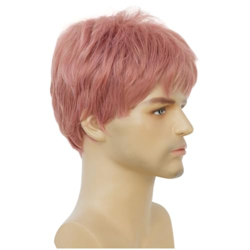 Image of Swiking Pink Wigs for Men Short Layered Synthetic Hair Wigs for Halloween Cosplay Daily Party Male Use