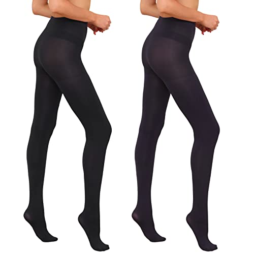 HA WA Black Tights for Women, 2 Pairs Opaque 60D Tights with Control Top Pantyhose