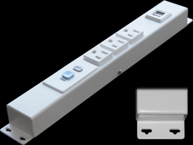 12” Hardwired Power Strip (NO Power Cord), 3 Outlets (NEMA 5-15R, Horizontal - NOT 20Amp), with Ears (with mounting tabs on Both Ends), ALCI, USB, White