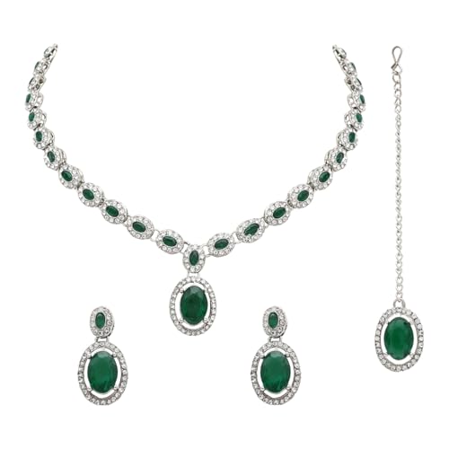 Image of I Jewels Silver Plated Stylish Design Crystal Diamond Necklace With Earrings & Maang Tikka Jewellery Set for Women