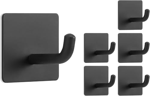 Image of JD Fresh 6 Pcs Self-Adhesive Stainless-Steel Wall Hooks for Hanging /Heavy Duty Waterproof Wall Hangers /Without Drill Sticky Hooks on Hold Coats, Keys, Towels and Kitchen Utensils (J-Hook,Black-Square)