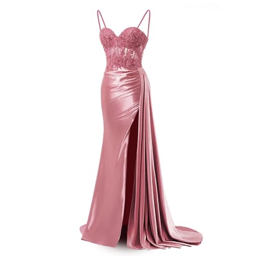 Miao Duo Lace Appliques Mermaid Prom Dress with Slit Spaghetti Strap Satin Formal Evening Gown for Women YZTS1413