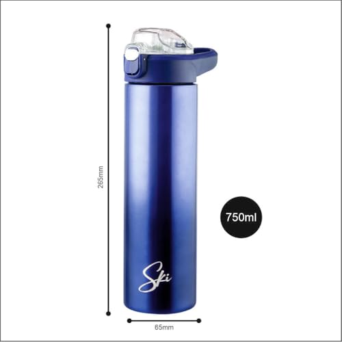 Image of SKi Homeware Stainless Steel Sipper Water Bottle with Push Button Flip-Top Cap, 750ml, for School, Office, Gym, Travel, Adults & Teens, Leakproof, Rust Free, Dual Colour Grey Gradient (Marco-Blue)