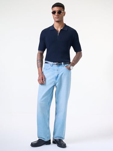Image of The Souled Store Jacquard Polo: Midnight Wave Men and Boys Short Sleeve Spread Collar Navy Blue Solid Cotton Casual Everyday Officewear Regular Fit Polos