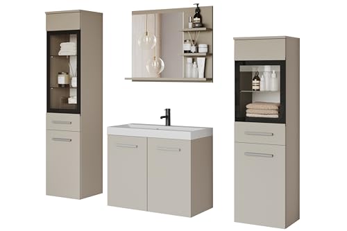 PIASKI Udine I Ensemble de meubles de salle de bain, éclairage LED en option, lavabo inclus, couleur San Remo (beige cashmir LED)
