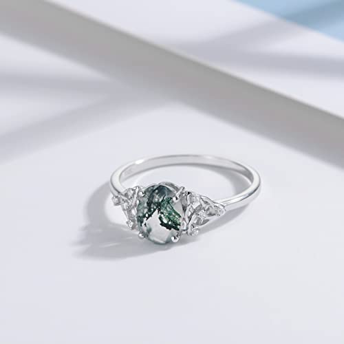 Muuyon Natural Moss Agate Ring For Women Solid 14K White Gold Green Moss Agate Engagement Ring Promise Bridal Ring With 8X6Mm Agate Wedding Bands For Her, Size 7 #TOP4