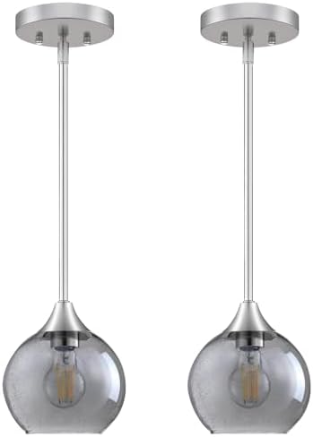 Pendant Lights Kitchen Island 2 Pack,Brushed Nickel Pendant Light Fixtures with Adjustable Rods,Seeded Glass Kitchen Pendant Lighting Over Island,Modern Island Lights for Kitchen Dining Room-E26 Base