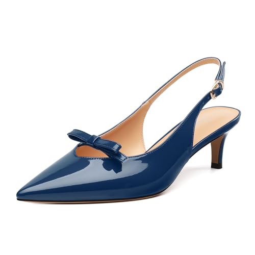 Kitten Heels for Women with Bow, Womens Slingback Low Heels, Closed Pointed Toe Patent Pumps Shoes for Dress Work Office Casual 2 Inch