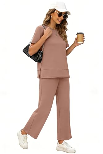 Image of XIEERDUO Women's Side Slit Lounge Sets 2026 Fashion 2 Piece Travel Outfits Cozy Loungewear Wide Leg Tracksuits S-3XL