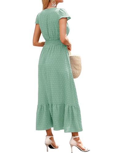 Image of CzzzyL Women Nursing Boho Maxi Dresses Cap Short Sleeve V Neck Swiss Dot High Waisted A-Line Ruffle Tiered with Pockets