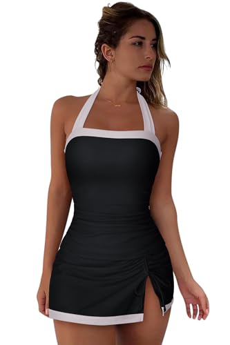 SUUKSESS Women Tummy Control Tankini Swimsuits with Skirt Backless Bathing Suit3