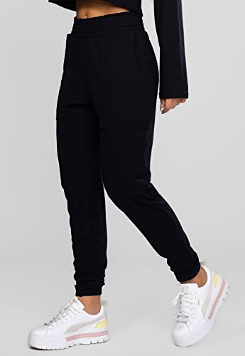 Calça Jogger Moletinho Feminina Com Bolso Cintura Alta Moda Blogueira Inverno Roupa (P, Preto)