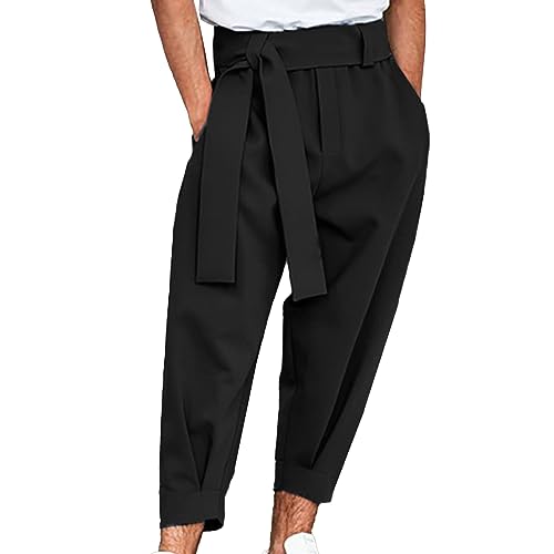 Maiyifu-GJ Men's Loose-Legged Light Cropped Trousers Mid-Waist Micro-Elastic Casual Pants Sweat-Absorbent Overalls (Black,Large)