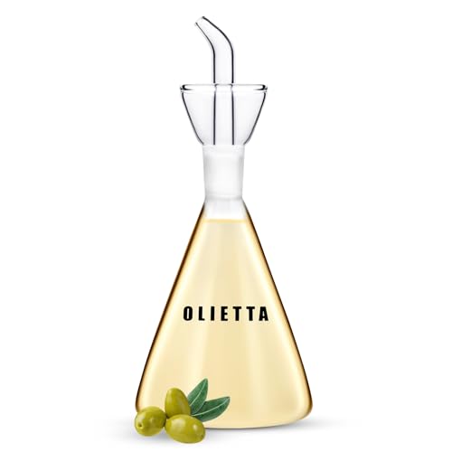 Olietta - Aceitera Cónica antigoteo tipo botella de cristal a prueba de fugas 500ml / 0,5 litros - Aceitera de cristal ideal para verter y rociar aceite de oliva, vinagre, etc. - Fácil de limpiar