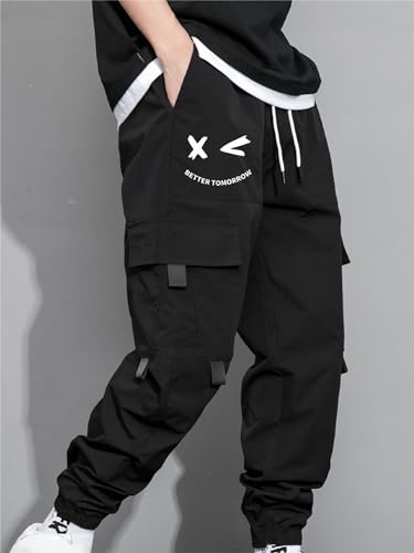GORGLITTER Men's Graphic Cargo Pants Casual Drawstring Multiple Pocket High Waisted Street Pants3