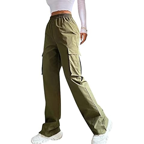 Minetom Cargohose Damen Baggy Hose Y2K Track Pants Streetwear Elastische Taille Hose Cargo Jeans Lang Freizeithose 91er E-Girl Streetwear Baggy Denim Hosen Parachute Pants Jeanshosen D Grünz S Cover