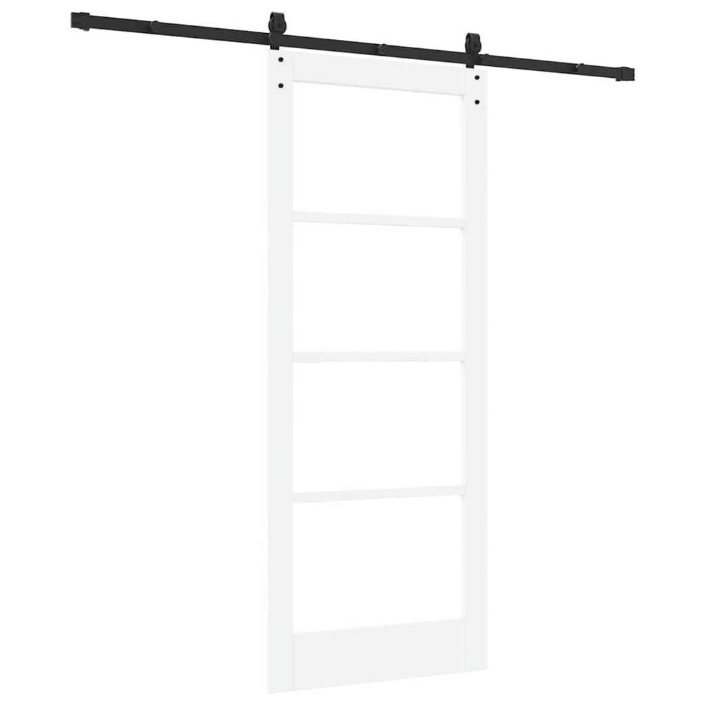 Mangloder - Porta scorrevole Orkdal bianca, 83 x 202 cm, in legno massello di pino e vetro, con guida scorrevole e ruote, per interni, corridoio moderno, ingresso, funzionalità