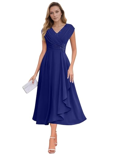 Lace Applique Chiffon Mother of The Bride Dresses A Line Cap Sleeves Evening Gown V Neck Formal Dresses for Wedding